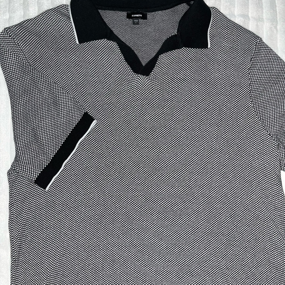 Express Vintage Black and White Patterned Polo Shirt